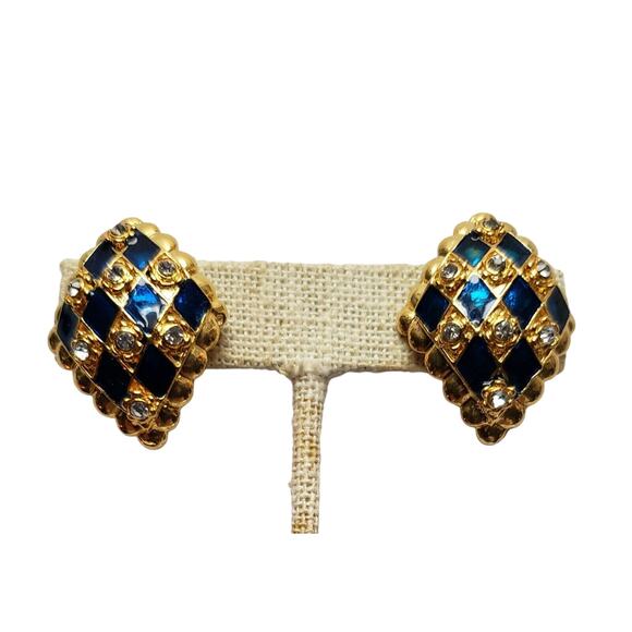 Blue Harlequin Clip On Earrings Rhinestone Enamel Gold Tone Diamond Shape 1980s - Picture 4 of 6
